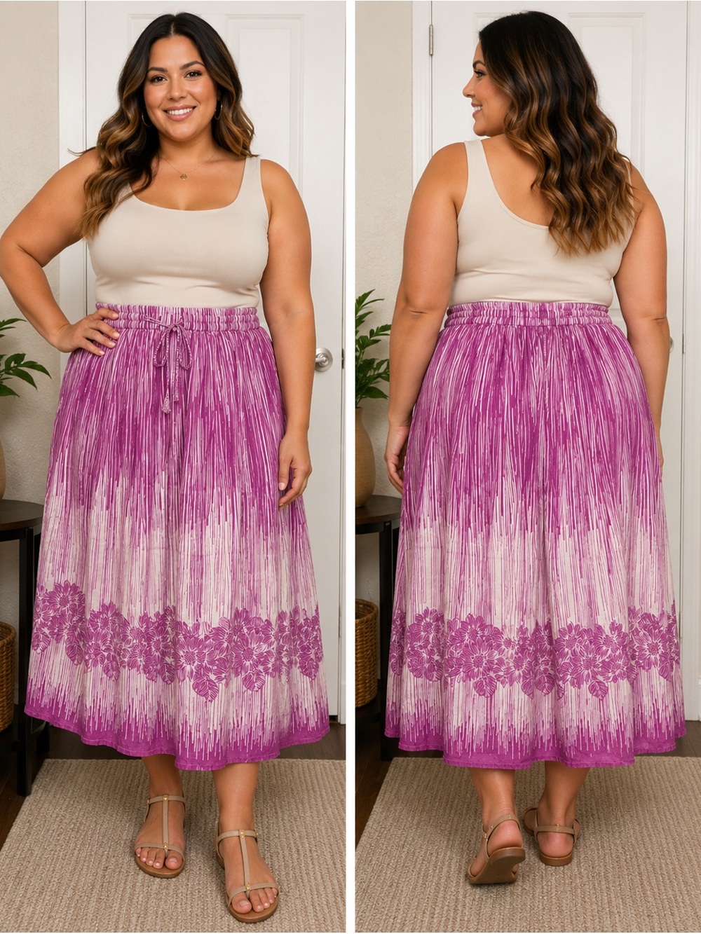 Liz & Me Boho Floral Midi Skirt 0X 14/16W Purple Lined Flowy Skirt